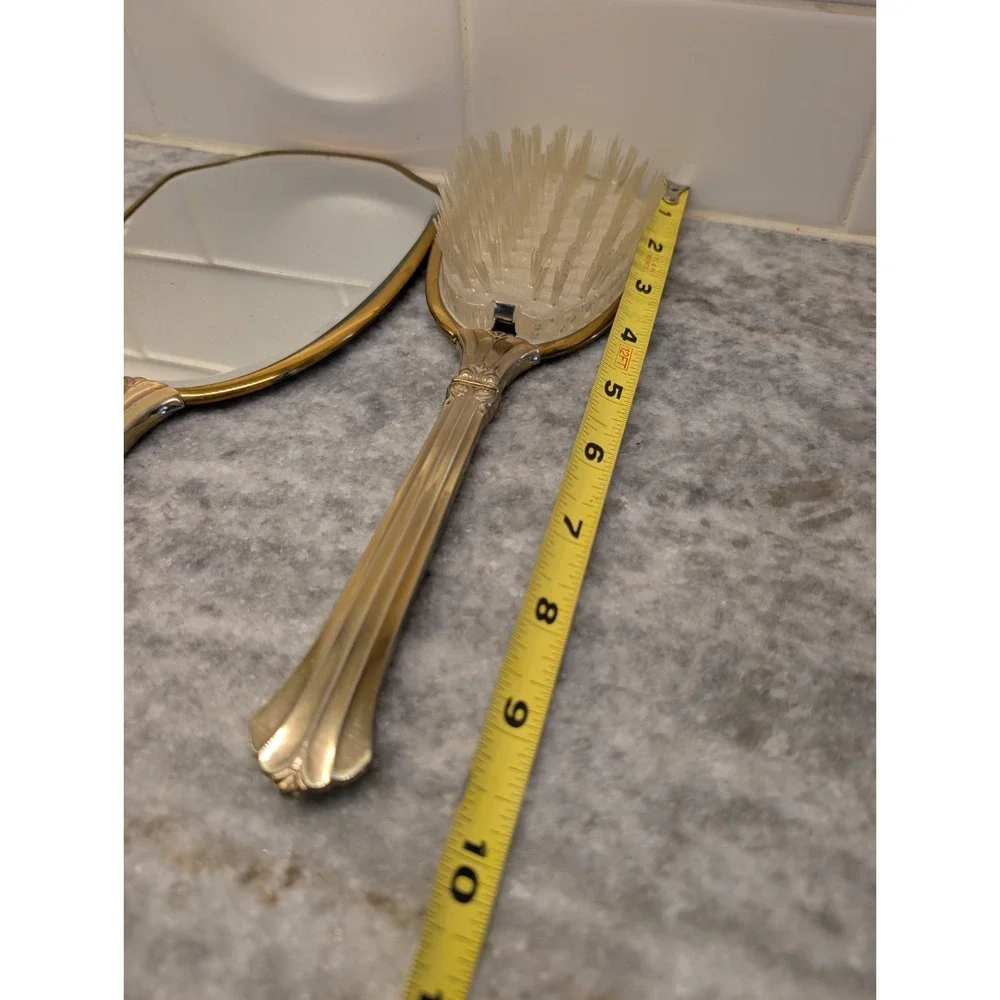 Vintage‎ Mirror and Brush Set Vanity Set Gold Tone Floral Design